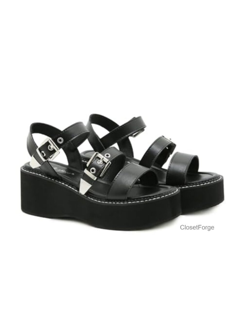 Women's Leather Strappy Wedge Platform Sandals Chunky Heel Goth Punk Buckle